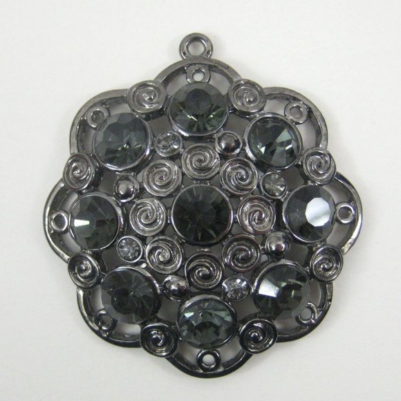 Swirl Pendant ONLY 1.9 Inch Gunmetal Gray Green Rhinestones Floral Jewelry - Picture 2 of 7